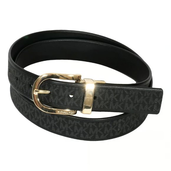 MICHAEL KORS Black Logo Print Reversible Leather Belt XL